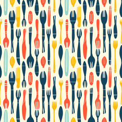 Seamless pattern with cutlery. Watercolors. Design for kitchen, cafe, and interior. Cover and packaging.