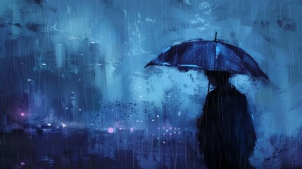 A single person stands under an umbrella amidst a cityscape blurred by the pouring rain at night