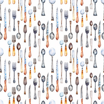 Seamless pattern with cutlery. Watercolors. Design for kitchen, cafe, and interior. Cover and packaging.