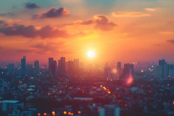 Blur city background of blurry sunrise or happy golden hour sunset evening with heatwave and cityscape buildings skyline backdrop.