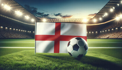 Soccer ball with England flag on a football field, Generative ai