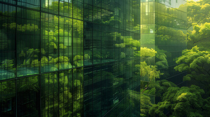 Glass Building Facade Reflecting Surrounding Greenery