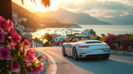 New modern sports car speeds along the coastal highway on holiday.