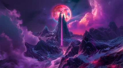  A fantasy scene with majestic mountains and a radiant pink casting a magical light beam through a vibrant twilight neon sky © IrisFocus