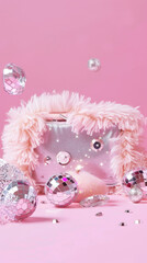 fluffy pastel pink makeup bag with disco balls and diamonds on a pink background