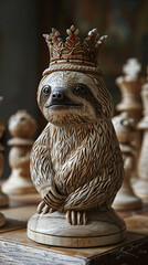 A chess set where all the pieces are intricately carved in the likeness of sloths, the kings and queens adorned with miniature crowns