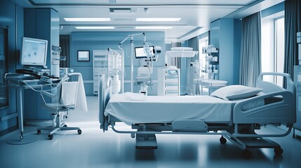Interior of a modern hospital room. Medical equipment and patient bed. generative ai