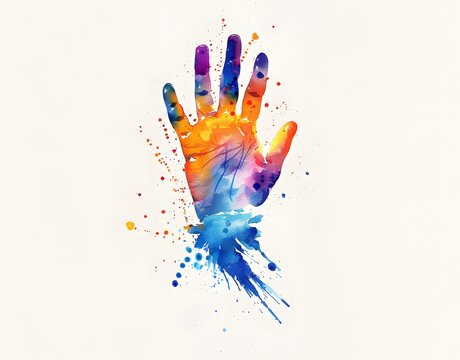 A hand with rainbow colors painted on it. The hand is raised in the air. The image is colorful and vibrant, conveying a sense of joy and celebration