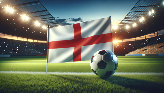 Soccer ball with England flag on a football field, Generative ai
