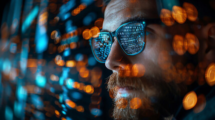 A digital detective uncovering hidden malware within a complex network, illuminated by strings of code