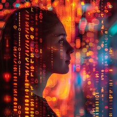 A woman in profile surrounded by glowing data streams, symbolizing the impact of AI on society and business