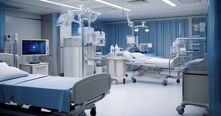 Interior of a modern hospital room. Medical equipment and patient bed. generative ai - obrazy, fototapety, plakaty