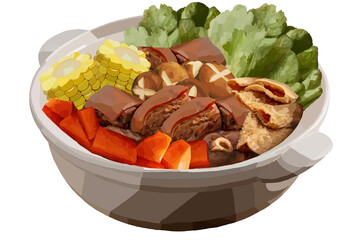 Carrot, mutton, corn, mushrooms and vegetables hot pot cuisine illustration.