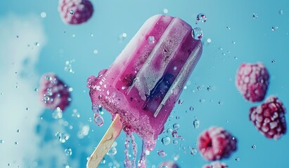 frozen berry popsicle with splashing juice against blue backdrop