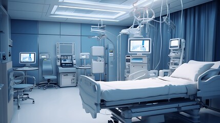 Interior of a modern hospital room. Medical equipment and patient bed. generative ai