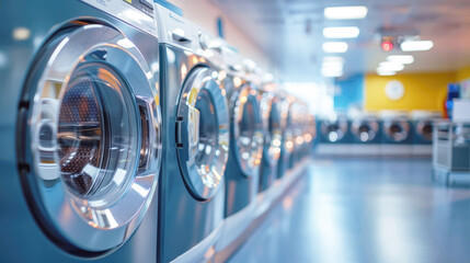 Professional laundry with a many washing machines.
Row of washing machines on display in appliance store.