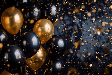 Celebrations background with black and golden balloons, serpentine, confetti, sparkles.Template for banner, greeting card illustrations. High quality photo
