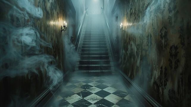 A haunted house where the walls shift and the floors move, trapping visitors in an endless maze with ghostly whispers echoing around