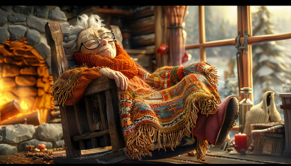 Recreation of a grandma resting peacefully in rocking chair together a fireplace