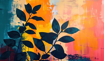 colorful abstract art background with plant silhouette