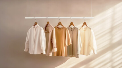 Minimal fashion clothes concept. Female shirts hanging on wooden hangers against a plain background. White, and beige colors. Wardrobe, clothing storage, showroom, fashion store.