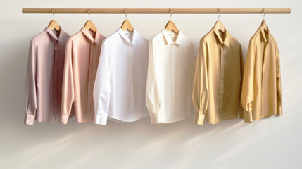 Minimal fashion clothes concept. Male shirts hanging on wooden hangers against a plain background. White, and beige colors. Wardrobe, clothing storage, showroom, fashion store.