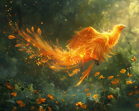 A legendary firebird alights upon cloudshaped flowers, its fiery plumage igniting them in a dazzling display of light, witnessed by the foresta  s inhabitants