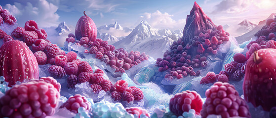A mountain range with peaks of carved watermelons, rivers of flowing blue raspberry sauce, and valleys of grape clusters - obrazy, fototapety, plakaty