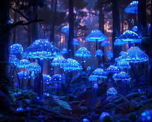 A mystical forest at night, illuminated by bioluminescent fungi made from glowinthedark jelly and trees of blackberry brambles