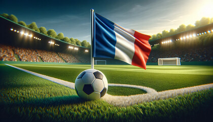 Soccer ball with France flag on a football field, Generative ai