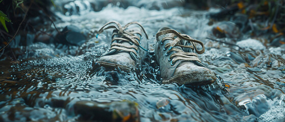 A pair of running shoes left on a trail, slowly disintegrating into a stream of water, flowing away as if continuing the run without its wearer - obrazy, fototapety, plakaty