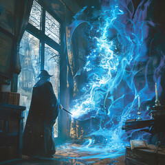 A player with a mock wand, casting spells loudly at the screen, fully engaged in a wizardry game, curtains billowing as if by magic