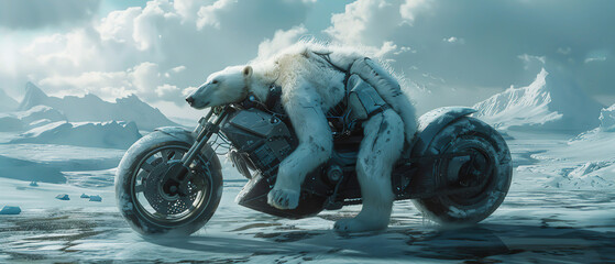 A polar bear mechanic, with fur standing on end from electricity, finetuning an electric motorcycle to race across the tundra