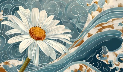 a white daisy on a blue patterned background