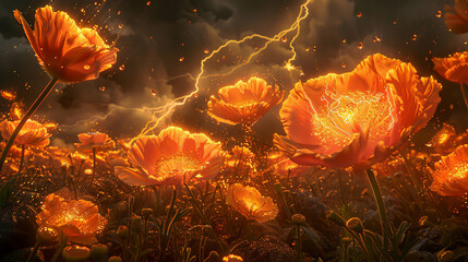A rare phenomenon where lightning strikes cause flowers to sprout instantly, their petals reflecting the fiery glow, watched over by awestruck animals - obrazy, fototapety, plakaty