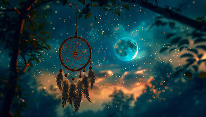 Recreation of a dream catcher in a tree a full moon night - obrazy, fototapety, plakaty