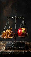 A scale tipping heavily under the weight of junk food, opposite a single apple, showcasing the imbalance in nutritional value