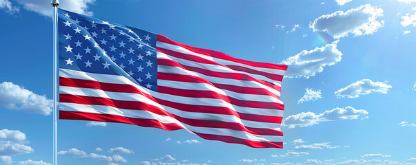 Flying national flag of the United States of America in the form of a wide graphic banner for political or elections with empty copy space.
