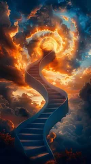 Fotobehang A staircase spiraling into the sky, each step a moment in time, impossible to descend once ascended, leading only to tomorrow © Lalida