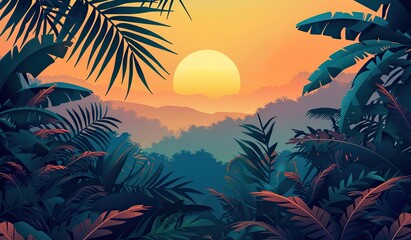 Fototapeta na wymiar tropical sunset landscape with lush foliage and mountain silhouette
