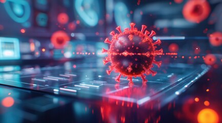 A red virus is on a computer screen