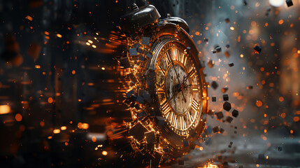 A vintage clock, its time long passed, crumbling into thousands of tiny, glowing cubes, ticking away into nothingness - obrazy, fototapety, plakaty
