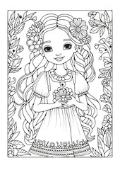 Coloring page for children and adults. Art therapy. Girl with long hair decorated with flowers. Art line. Black and white illustration for coloring.