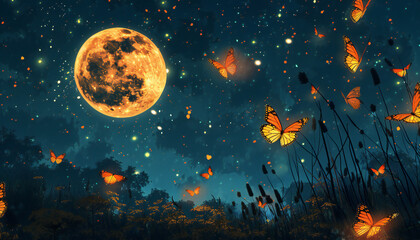 Recreation of a full moon night with butterflies flying 	
