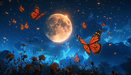 Recreation of butterflies flying a full moon night	 - obrazy, fototapety, plakaty
