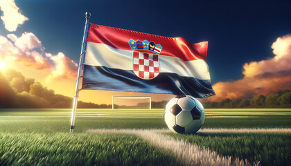 Soccer ball with Croatia flag on a football field, Generative ai