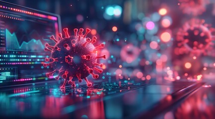 A computer screen shows a virus on a laptop