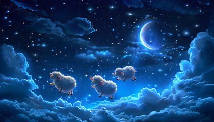 Fototapeta na wymiar Recreation of sheeps flying in a starry sky at night