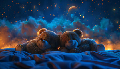 Recreation of two nice teddy bears sleeping peacefully in a magic night	