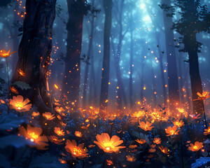 In a mystical forest, fireflies transform into tiny flames, igniting the bloom of nocturnal flowers that glow like embers under a clouddraped sky